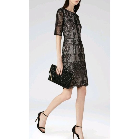Reiss Zola Overlay Lace Dress Black Size US 6/ UK 10 - Picture 3 of 9